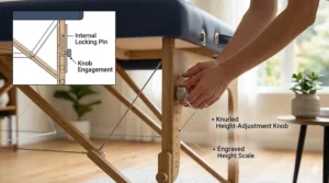 An illustration demonstrating how to adjust the leg knobs to customize the height of a massage table for home use.