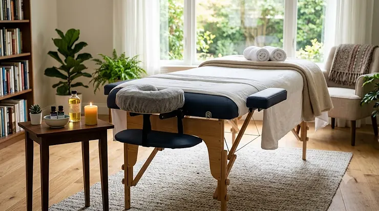 A high-quality portable massage table set up in a modern, brightly lit home living room with clean linens, a plush face cradle, and folded towels. massage table for home use