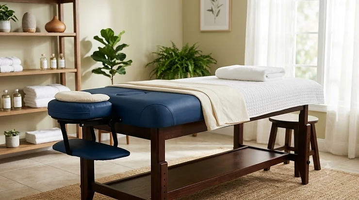 A professional portable massage table set up in a modern, relaxing spa room for a massage therapist. massage table for massage therapist