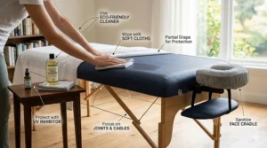 An illustration depicting proper maintenance and sanitizing of water-proof PU leather upholstery on a home massage bed.