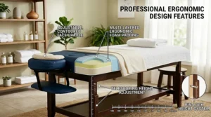 Diagram showing the ergonomic features and adjustable height settings of a professional massage table for a massage therapist.