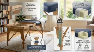 An explanatory diagram showcasing the working weight capacity and structural reinforcement cables of a sturdy home massage bed.