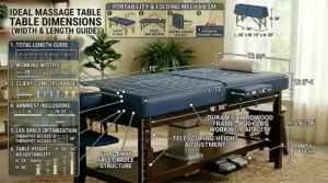 Sizing guide showing the standard width and length measurements of an ideal massage table for a massage therapist.