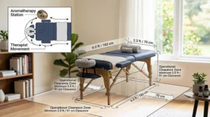 A floor plan illustration showing the required clearance space around a standard massage table for a comfortable home massage session.