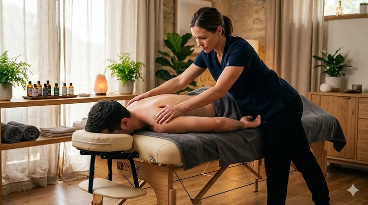 Professional therapist applying deep tissue downward pressure on a client to demonstrate dynamic massage table weight capacity.