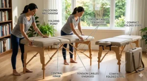 An illustration showing how to easily fold and lock a lightweight massage table for compact home storage.