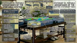 Comparison infographic evaluating a stationary electric table versus a portable massage table for a massage therapist's practice.