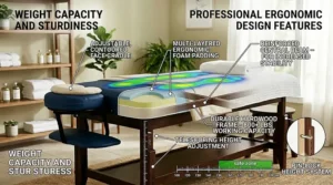 Graphic detailing the working weight capacity and durable frame construction of a heavy-duty massage table for a massage therapist.