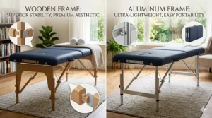 A side-by-side comparative illustration highlighting the stability of a wooden frame versus the lightweight portability of an aluminum frame massage table.