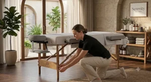 Adjustable height portable massage table showing a 300 lb weight capacity being adjusted by a licensed massage therapist.