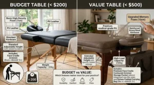 Graphic showing key features to look for when choosing a reliable portable massage table under 200 dollars.