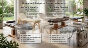 A matrix graphic helping buyers choose between budget-friendly and luxury massage table brands based on lifespan, warranty, and features.