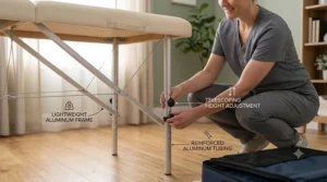 A high-detail 4K photograph of the aluminum portable massage table, focusing on the telescoping legs. A female mobile therapist in grey scrubs is squatting, using the black plastic adjustment knob to slide the leg section. Integrated call-out labels with icons point to 'LIGHTWEIGHT ALUMINUM FRAME', 'TELESCOPING HEIGHT ADJUSTMENT', and 'REINFORCED ALUMINUM TUBING'.