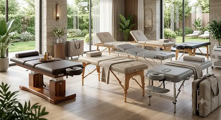 A sleek, modern spa room displaying a lineup of the best massage table brands, showcasing both stationary and portable models.