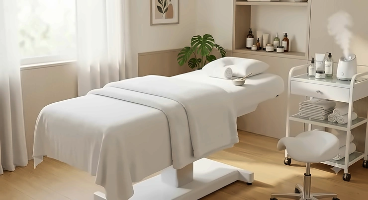 A professional white massage table for esthetician treatments set up in a modern American day spa.