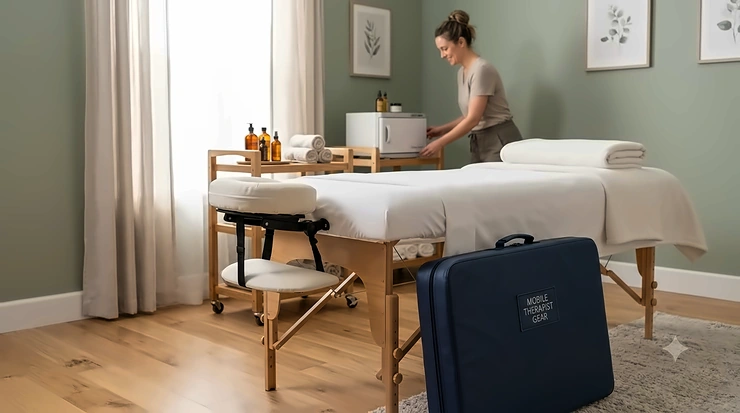 Professional portable massage table for a mobile therapist set up in a bright, modern living room. portable massage table for mobile therapist