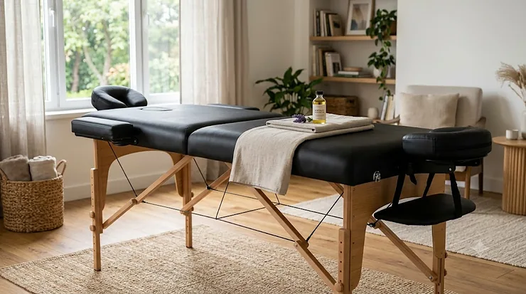 Professional lightweight portable massage table under 200 dollars set up in a bright, modern studio room. portable massage table under $200