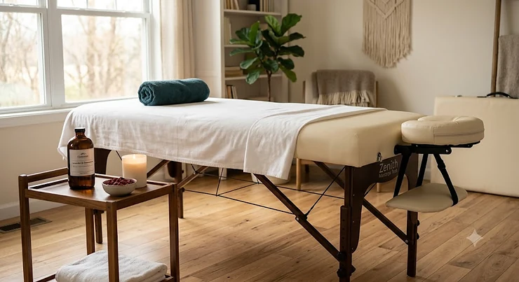 A professional portable massage table set up in a bright, modern room with a rolled towel and oil bottle on top.