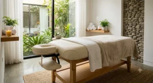 Luxury stationary massage table with thick padding in a modern day spa treatment room.