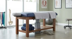 A heavy stationary massage table upholstered in medical grade vinyl inside a chiropractic and sports medicine clinic.