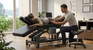 Chiropractor performing a spinal adjustment on a patient using a professional electric massage table