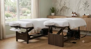 Comparison view illustrating height flexibility between a manual table and an electric lift massage table