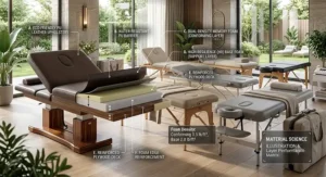 Close-up technical illustration of the eco-friendly PU leather and memory foam layers used by premium massage table brands.