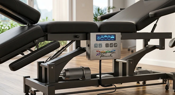 Close-up diagram showing multi-segment elevation controls on an electric massage table for chiropractor use