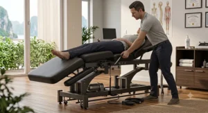 Electric flexion distraction massage table for chiropractor therapy and lower back pain relief