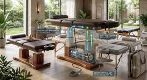 Vector illustration showing the smooth height adjustment and motor features found in professional electric massage table brands.