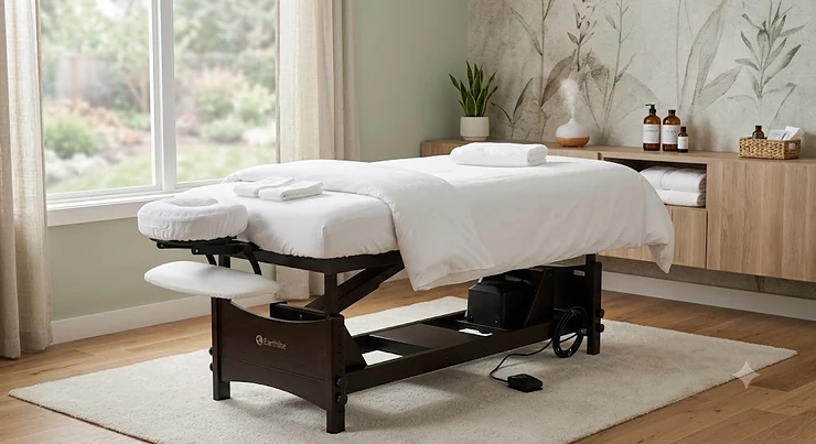 Electric lift massage table set up in a modern spa treatment room with clean linens