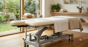 Electric stationary massage table with height adjustable controls and cream upholstery.
