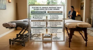 Decision matrix summarizing key pros and cons of electric vs manual massage tables for clinic owners.