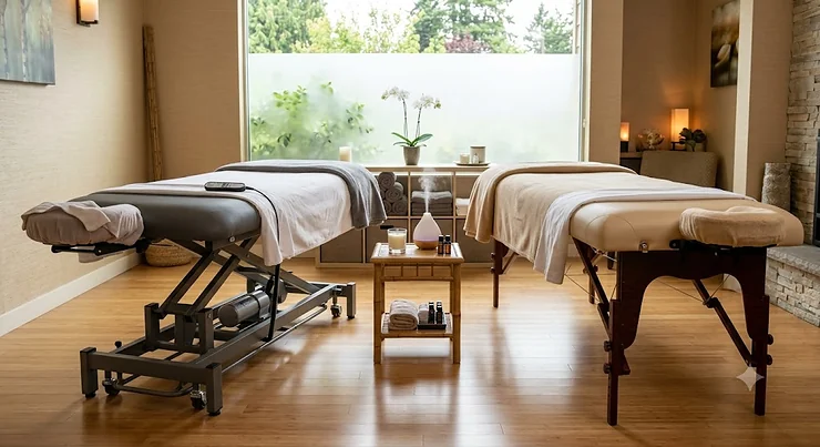 Side-by-side comparison of an electric vs manual massage table in a modern spa setting.