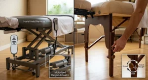 Illustration showing height adjustment controls on an electric vs manual massage table.
