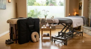 Illustration depicting a portable manual massage table next to a stationary electric massage table.