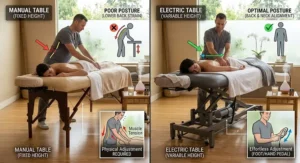 Diagram showing massage therapist posture and ergonomics using electric vs manual massage tables.