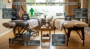 Infographic comparing frame stability and weight capacity of electric vs manual massage tables.