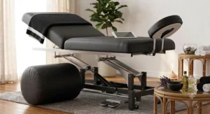 Ergonomic spa massage table with adjustable backrest tilted up for client comfort