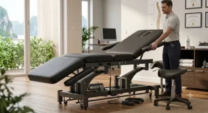 Heavy-duty electric massage table for chiropractor with high weight capacity and durable vinyl upholstery