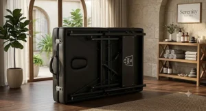 Folded heavy duty portable massage bed with a 300lb weight limit and side carrying handle for easy transport.