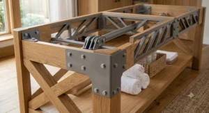 Close up of the reinforced frame construction on a heavy duty stationary massage table.