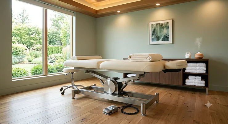 Hydraulic massage table with foot pedal controls in a modern spa treatment room.