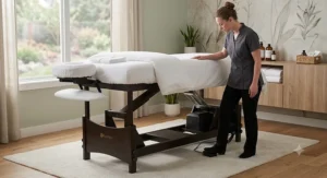 Licensed massage therapist using foot controls to adjust the height of an electric lift massage table