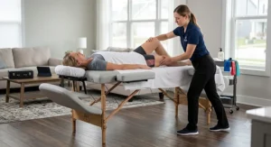 Lightweight portable massage table boasting a 300 lb capacity in use during a mobile physical therapy session.
