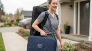 The professional mobile therapist from the featured image, wearing grey scrubs, is walking outside in natural daylight, carrying the lightweight portable massage table from the image series using its specialized backpack-style black carrying case.