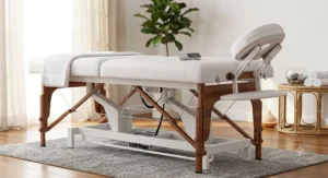 Luxury electric massage table for spa and wellness salon with white leather upholstery