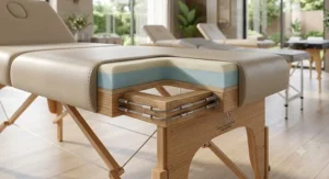 Diagram detailing the premium materials used by top massage table brands, highlighting sturdy wooden legs, aircraft-grade cabling, and multi-layer foam padding.