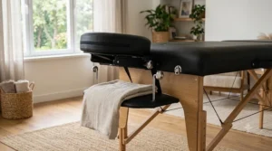 Removable ergonomic face cradle and hanging armrest shelf attached to a portable massage table.