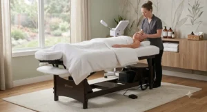 Client relaxing comfortably on an electric lift massage table during a wellness treatment